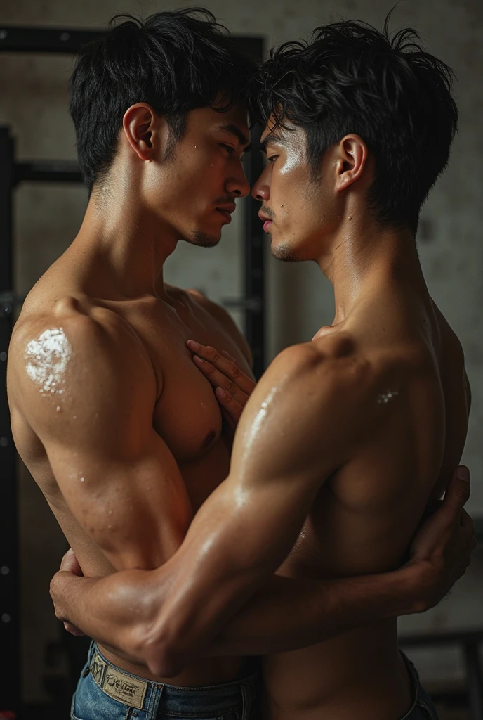 Masterpiece、Highest quality、Super fine、Fine、High resolution、Detailed face、Detailed muscles、Abdominal muscles、Pectoral muscle、Realistic、A man with thick chest and abdominal hair、Photo of two men、Both are Japanese.