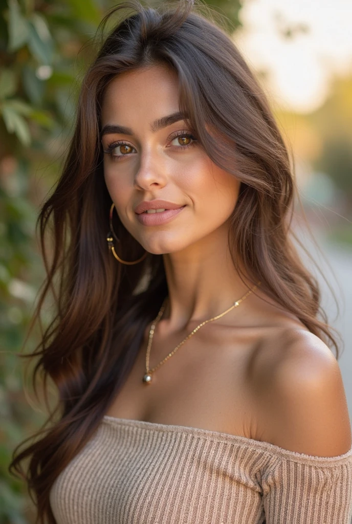 1 fille dans, 19 ans, Seulement, Aesthetic work, a beautiful Algerian Berber model, wavy light brown hair, cheveux mi-longs, beau visage berbère, yeux marron clair-vert, peau claire, visage mince, corps des coureurs, wearing a traditional Algerian Kabyle dress, (Textured skin, pores de la peau:1.1), chair de poule, seductive pose, (Outside:1.1), debout dans le parc national de Gouraya en arrière-plan, sunny, natural light, Nikon Z8 + NIKKOR Z 24-120 mm f./4S