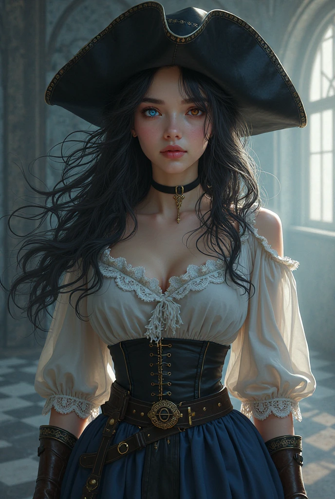 A girl, Alone, (bust, Upper part of the body, front view:1.2), black eyes, Jenna Ortega, Captain Jack Sparrow, pirate, pirate hat, pirate outfit, corset, (big breasts, giant breasts, neckline:1.2), (Masterpiece, Very detailed, look at the viewer, bright blurred gray background, gradient spray background, blurred background:1.2)