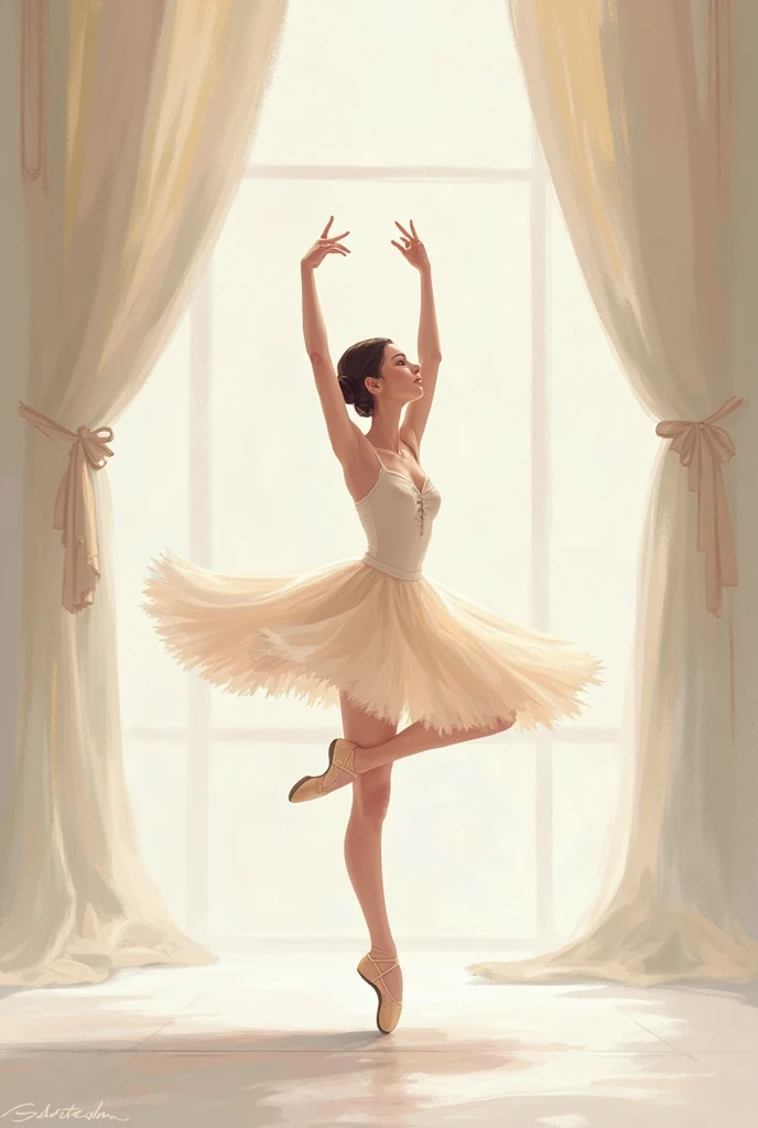 anime Illustration of a ballerina, white costume, tutu, pose with raised arms and legs, shot from below skirt, exposed thighs.