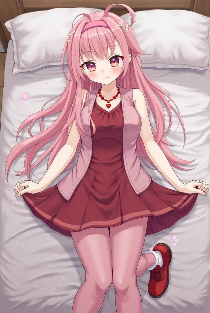 masterpiece, best quality, highres, chika1, fujiwara chika, night dress, lace lingerie, breast out, red ribbon, blunt bangs, neck ribbon, collarbone, collared dress, large breasts, smile, bed, bedroom, sexy pose, lying, spread arm, transparent,