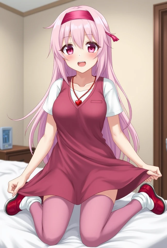 Pink hair,teens girl,Wearing a long pink dress,Sit on a black sofa,one leg raised,Reach into your panties and scratch,White liquid flows out of panties,She seemed to be enjoying it very much,is shy,Be red in the face