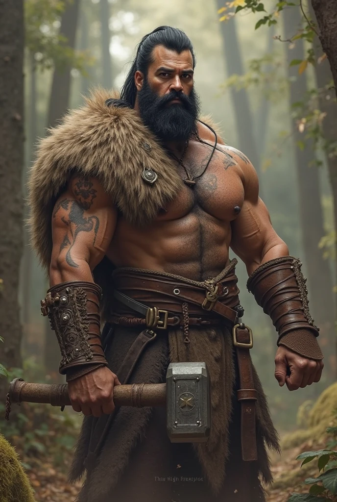 a barbarian dwarf, with muscular physique, scar on eye torn clothes, baldie, with a blood ax in hand