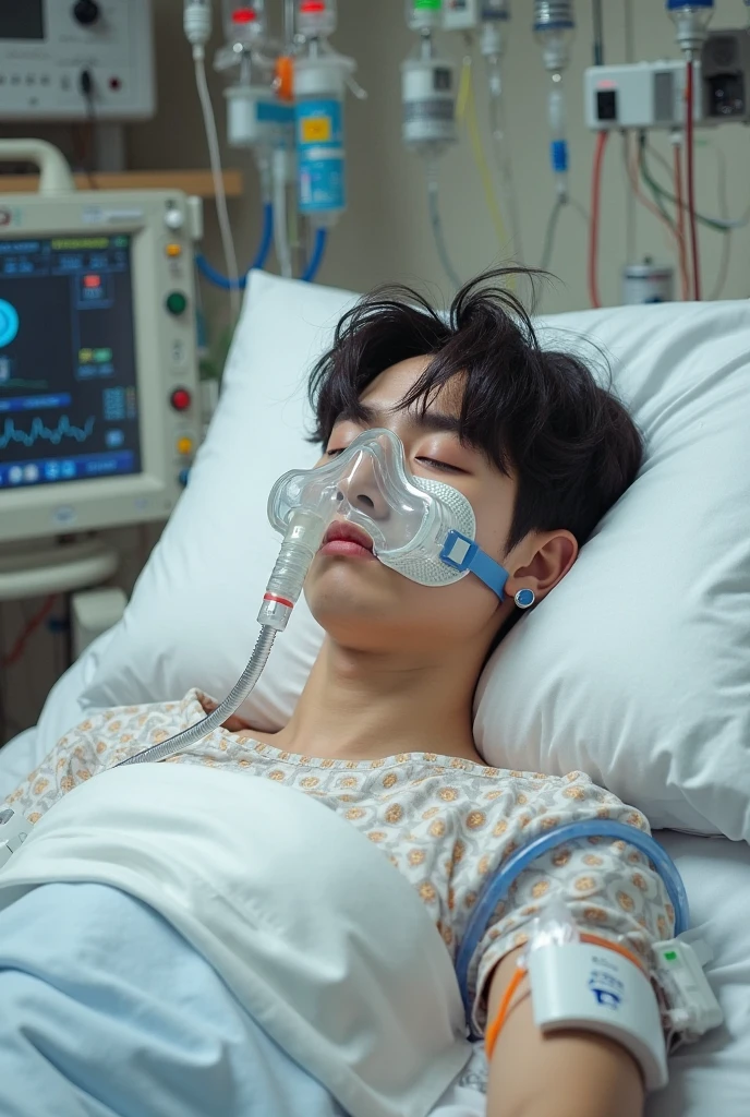 A picture of a boy around 21 to 22 years   lying on a hospital bed with black hair and an oxygen mask on his face  and the picture doesn't appear edited at all looking completely normal as if taken with a regular phone in a hospital room.