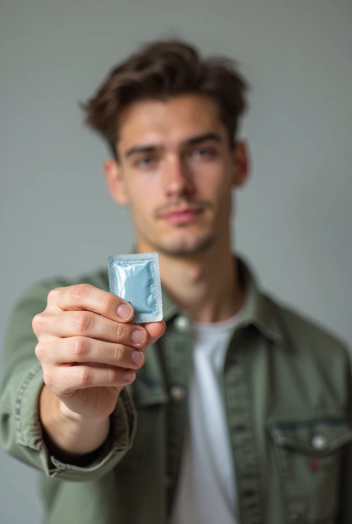 Create an image of a man between 18 and 30 with a Viagra pill in his hand