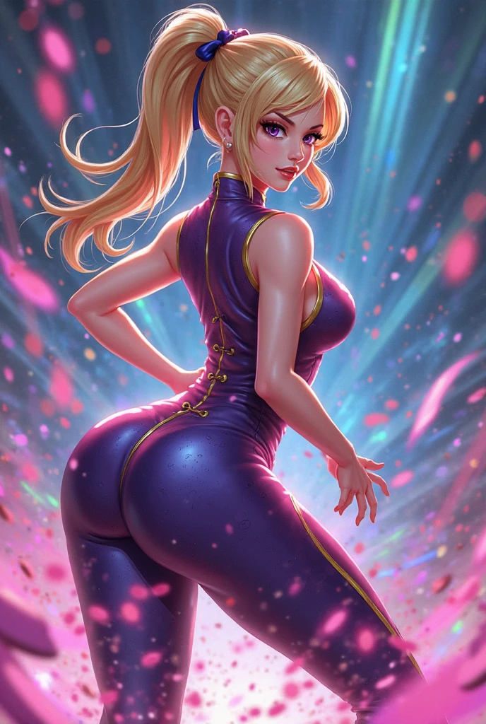 (ultra realistic,32k, masterpiece:1.2),(high detailed skin:1.1),( high quality:1.1),
<lora:WinxClubDarcy:0.8>Darcy,yellow eyes, brown hair, blonde strips, very long hair, WitchOutfit, makeup, purple lips, purple bodysuit, sleevless, gloves, techno-glitch art gallery, glitch art exhibitions, digital anomalies, disruptive visual experiences, blurry background,,(from behind,thick ass, looking at viewer, standing,:1.1),, (huge breast,large breast:1.1),<lora:add_detail:0.75>,
(lighting:1.1),