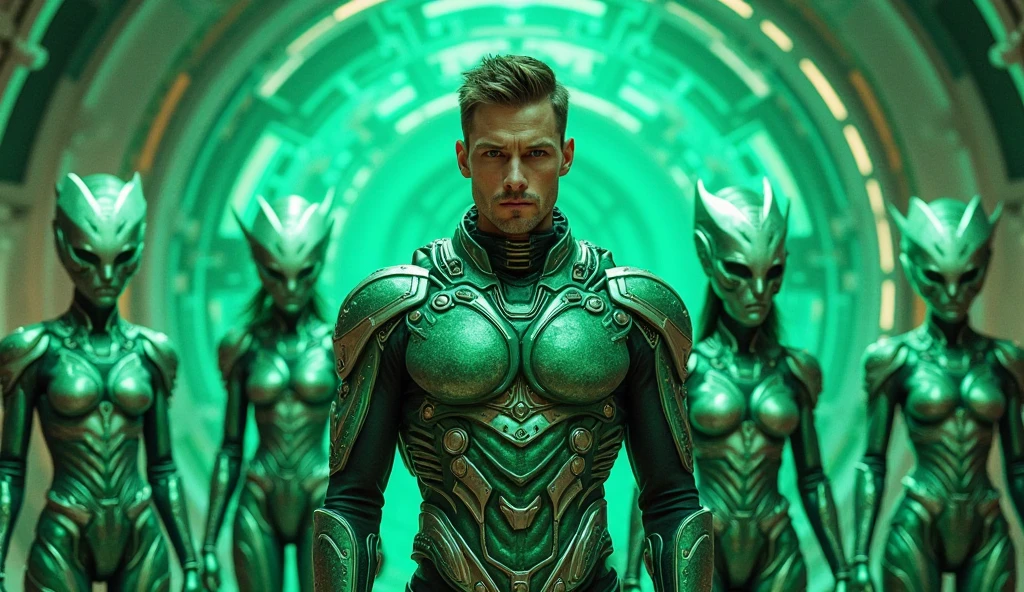 orion man, (green skin:1.25), slave, leather, sci-fi starship background, green hair, <lora:race_st_orion:0.7>