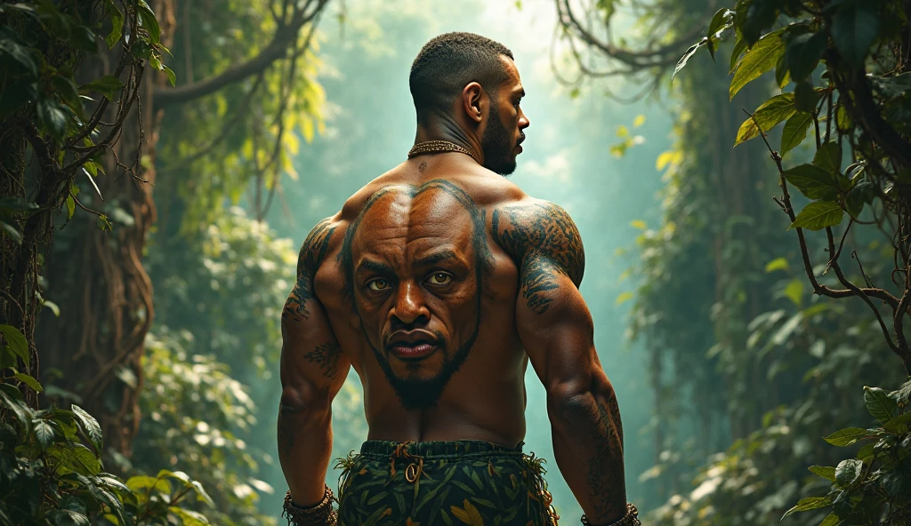 Beautiful close-up((adventurer)),jungles,oases,giant and wet trees，（the detail：1.2），（k hd：1.2），Look up，Panicked male jungle adventurer，Primeval forest，gigantic trees，Best quality, Detailed details, Masterpiece, offcial art, Cinematic lighting effects, 4K