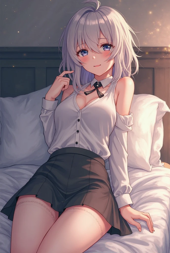 Center of chest,pretty girl,Cat ear,Beautiful silver hair,Pink inside,Beautiful pink eyes,black shirt,black skirt,dark,smile