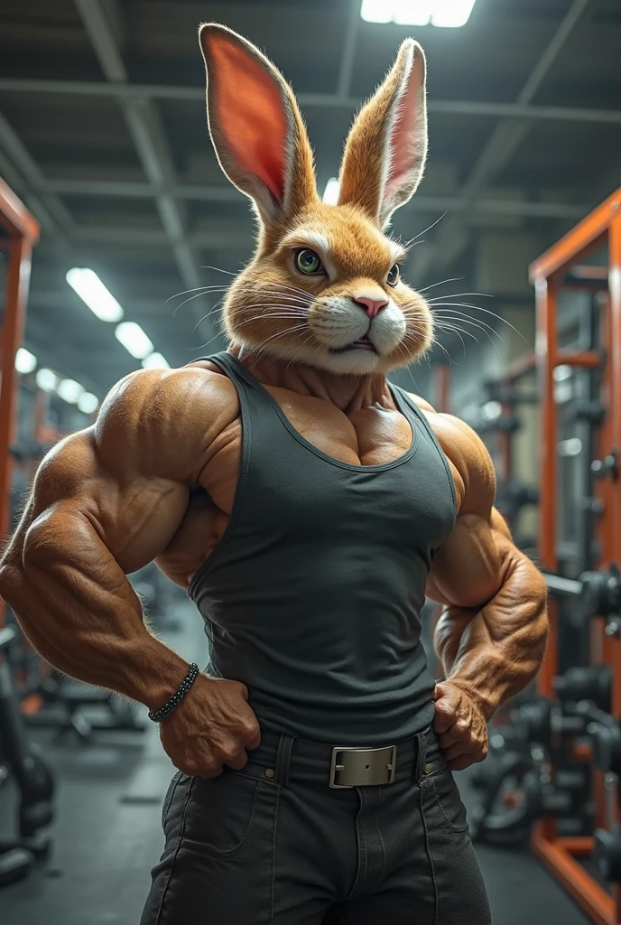 A very strong rabbit in the gym with an angry face 