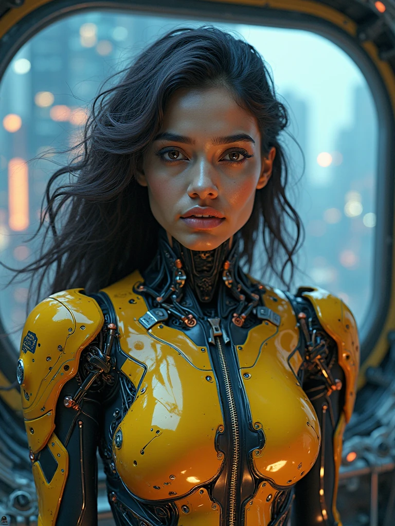 Cartoon style, 4k, FHD, work of art, ((high quality, high details):1.4), (looking away from the viewer, making a playful expression, wide smile, light tan skin, intricate details of facial features, big eyes, full lips, wide hips, vibrant colors, cheerful expression):1.2)((full body):2), {(Only one woman)}:((Wearing a futuristic jumpsuit with neon accents)), (((fitted to her body))):1.2), (((ample breasts))), (shapely legs, toned calves), (defined waist), curvaceous hips,