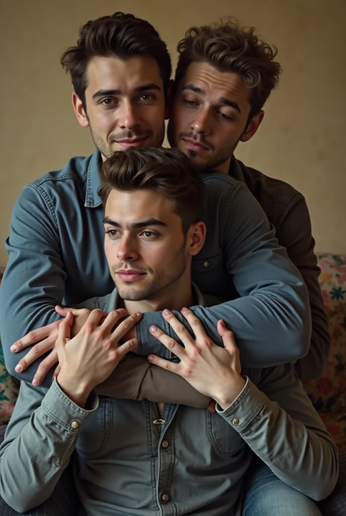 Group of 3 young men hugging each other lying on a bed shirtless