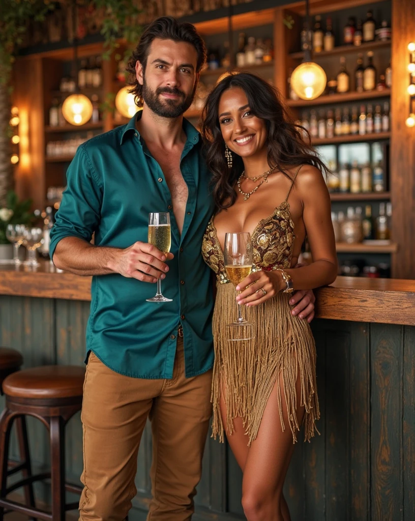 (a girl enjoying a passionate night with a very sexy man, she is very excited about the bachelorette party, Argentine woman, very handsome man, beautiful woman, (she is looking at the camera) , defined faces, beautiful faces , illustrations, best quality, ultra-detailed, realistic lighting, vivid colors, party decorations, festive atmosphere, glamorous attire, champagne, dancing, laughter, joy, love)
