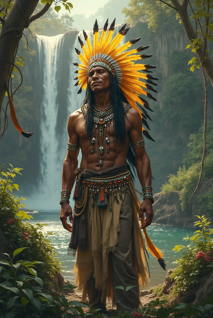 American Indian with black hair, wearing a headdress with light blue and green feathers at a waterfall standing on a rock