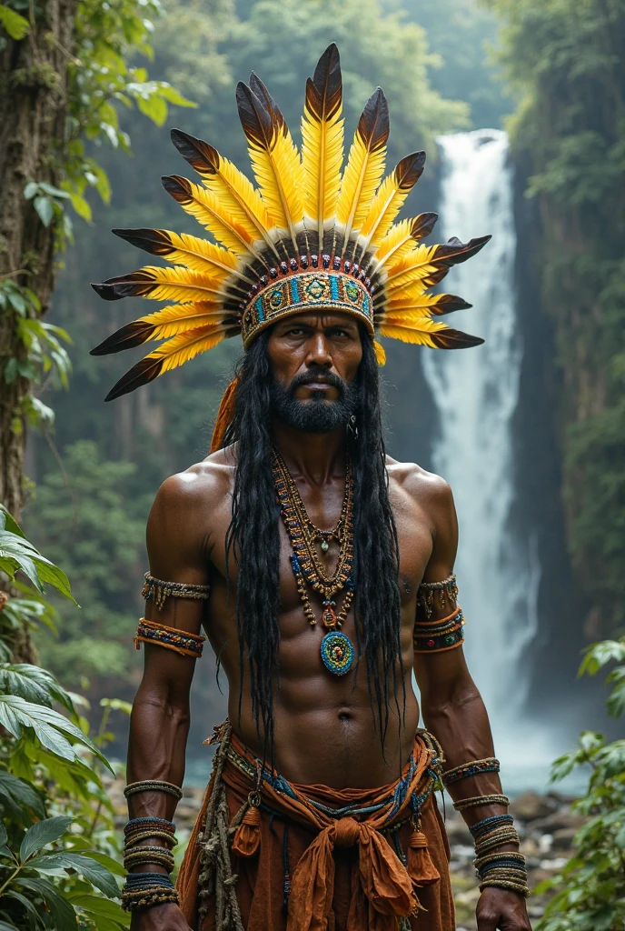 Aztec god with juaguar helmet, having fun with dark skin and handsome, beardless and shirtless. God of agriculture and vegetation
