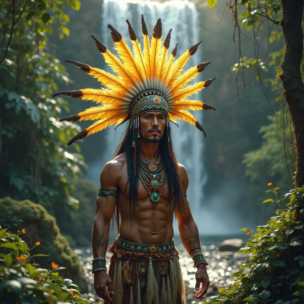 Historical scene of Christopher Columbus in explorer attire, meeting Native Americans dressed in traditional clothing, in a lush Caribbean landscape, mutual curiosity and respect, photorealistic style.