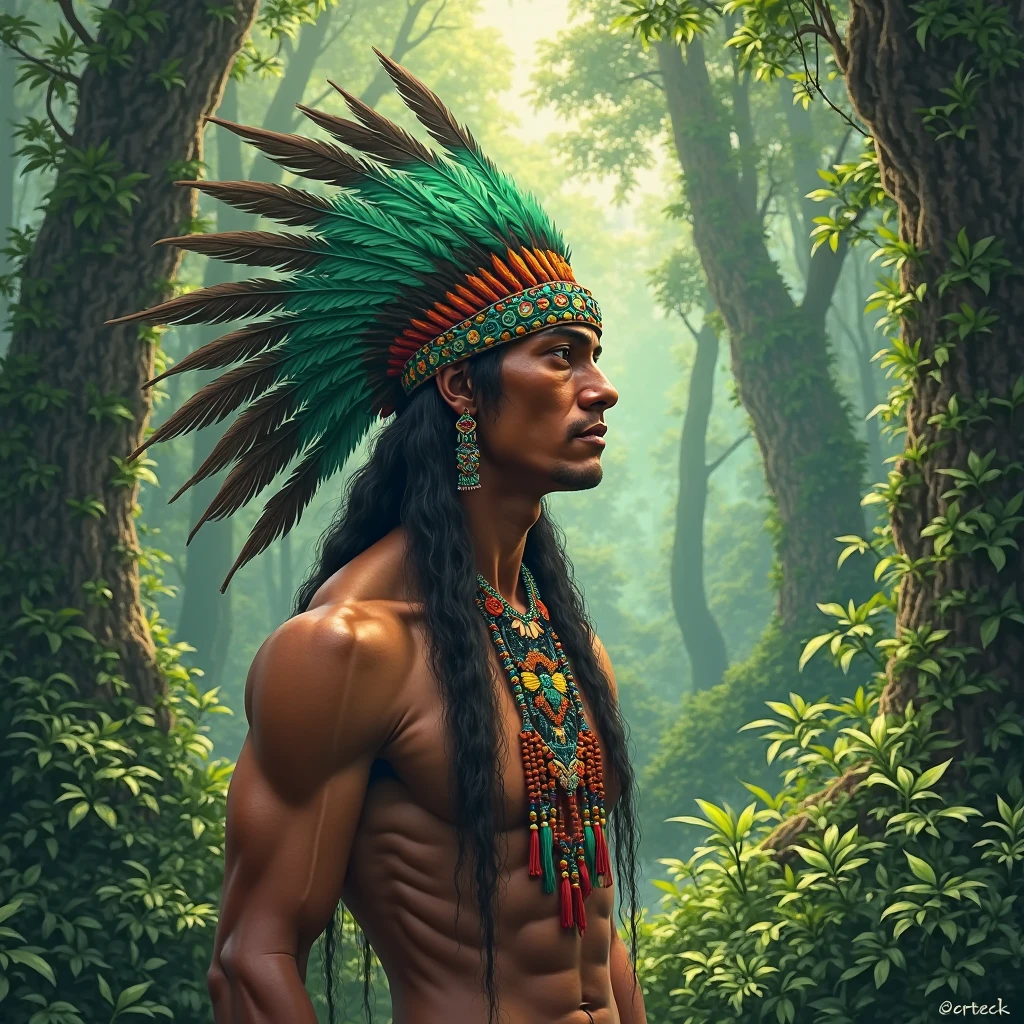 Painting of A strong and masculine young man ((man)), ((a most beautiful caboclo in the world)), 18 years old, indigenous, ((full body)), ((strong body, muscular legs)), ((headdress indigenous man with white feathers on his head)), long black hair, braided over his shoulders, ((green panther eyes, magnetic)), ((square face and sunken chin)), ((strong warrior expression)), (( hypnotic beauty)), sexy and hot, indigenous body paintings, body and beauty of a God, half-naked ((wearing wild animal skin)), ((in the background a sacred temple in the middle of a forest on a moonlit night full )), ((baroque painting style)), ((with panthers and jaguars))