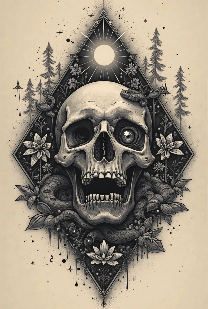 minimalist landscape tattoo design, skull, gems, woods