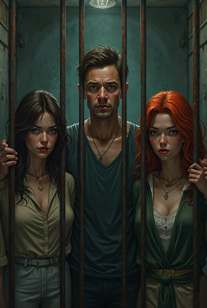 A dark brown haired girl with blue eyes stands next to a man with red hair and eyes., then behind them there was another man with black hair and red eyes. The background atmosphere of the holding place