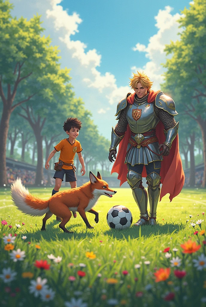 Generate for me a photo of the character Knights of the Zodiac Asterion with a Breton Spaniel and the character Knight of the Zodiac Daichi with a fox on a soccer field please
