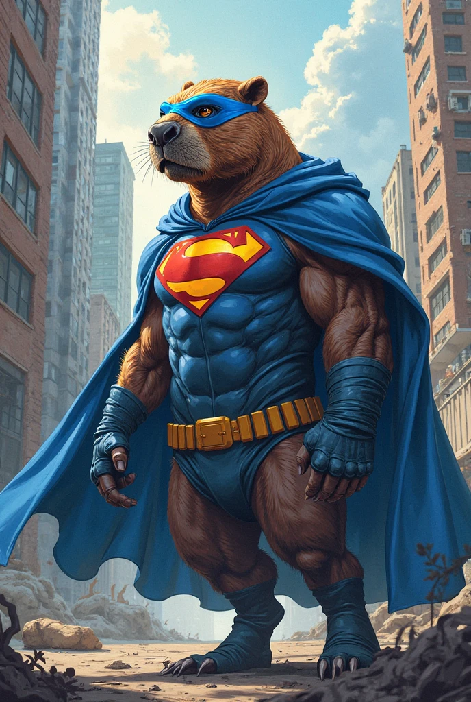 (Super detailed), Sharp focus,hairy, Black and white fur), black beard, Black Hair,human nature (棕Bear:1.3), male, Middle-aged and elderly, Brown body, White belly, Muscular ,(?????? bulge),Super detailed face,(dishevelled:1.4),(best quality), (masterpiece), High Detail, high quality,High resolution,16K,(Bear:1.3),(((Broken Superman costume))),(scar:1.3),