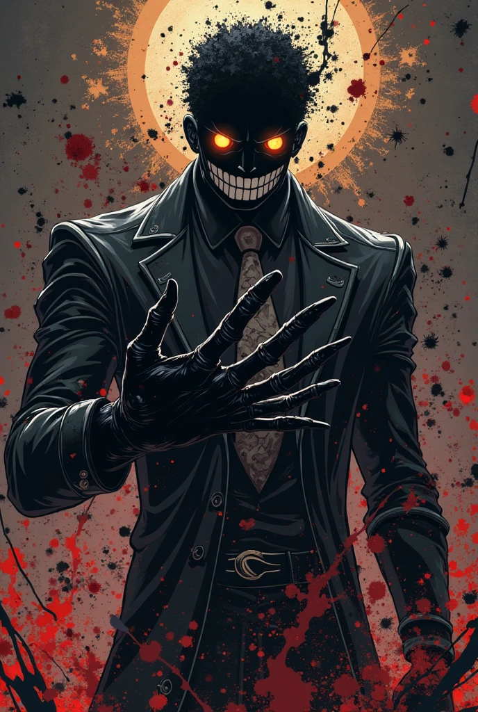 solo, tie, black suit, upper body, black pants, purple fire with blue details, skull with red smoke with purple and blue details, blue fire on the skull, dark negative aura around, bloodthirsty look, purple pupils coming out smoke, holding a revolver, tie half blue half purple, one slit eye