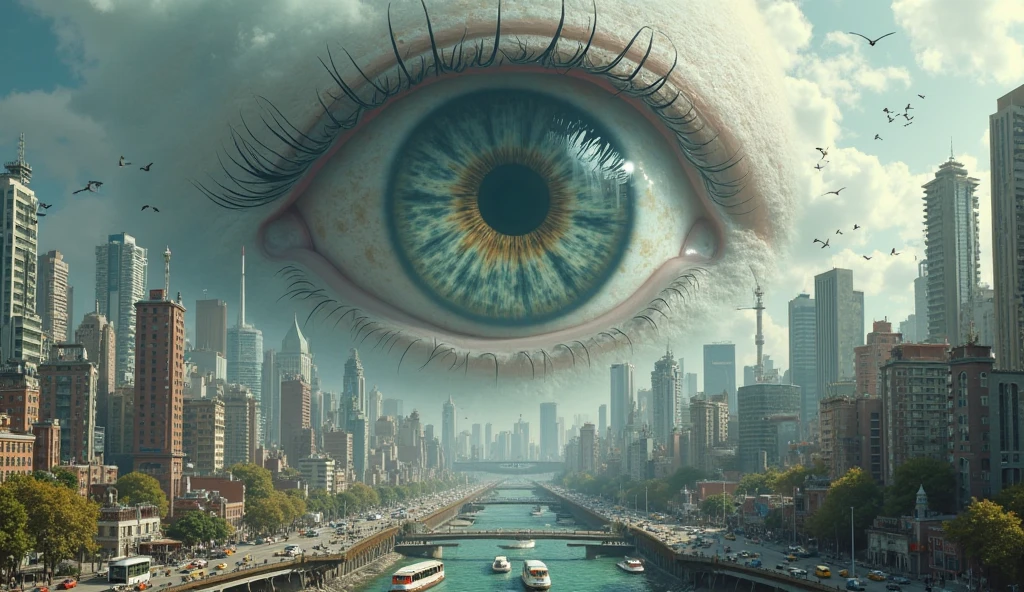 A macabre giant eye watching a city from the sky