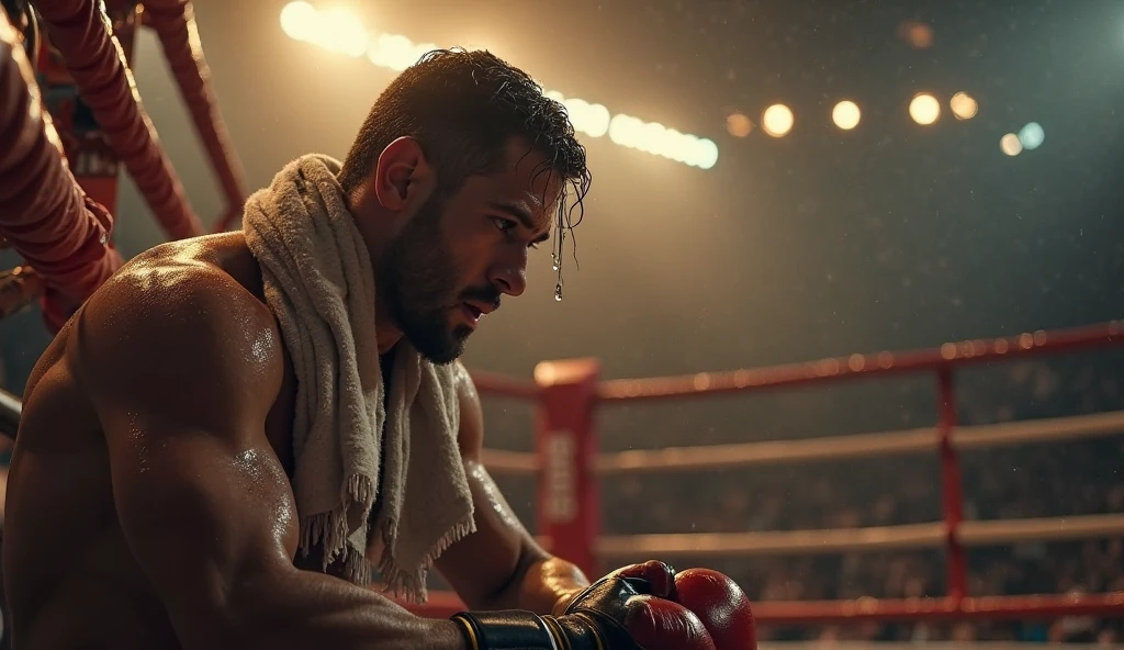 Un boxeur à genoux sur le ring, appuyant ses mains au sol pour se relever avec une détermination palpable. La lumière vient d'en haut, illuminant son corps et créant un halo autour de lui, symbolisant l'espoir et la résilience. Son expression montre à la fois la douleur et la volonté de se remettre debout. Le ring est représenté avec des détails minimalistes, et l'arrière-plan est flou, gardant l'attention sur le mouvement du boxeur. Les couleurs sont légèrement désaturées pour accentuer le sérieux du moment, avec des ombrages doux qui donnent une profondeur et une texture réalistes.