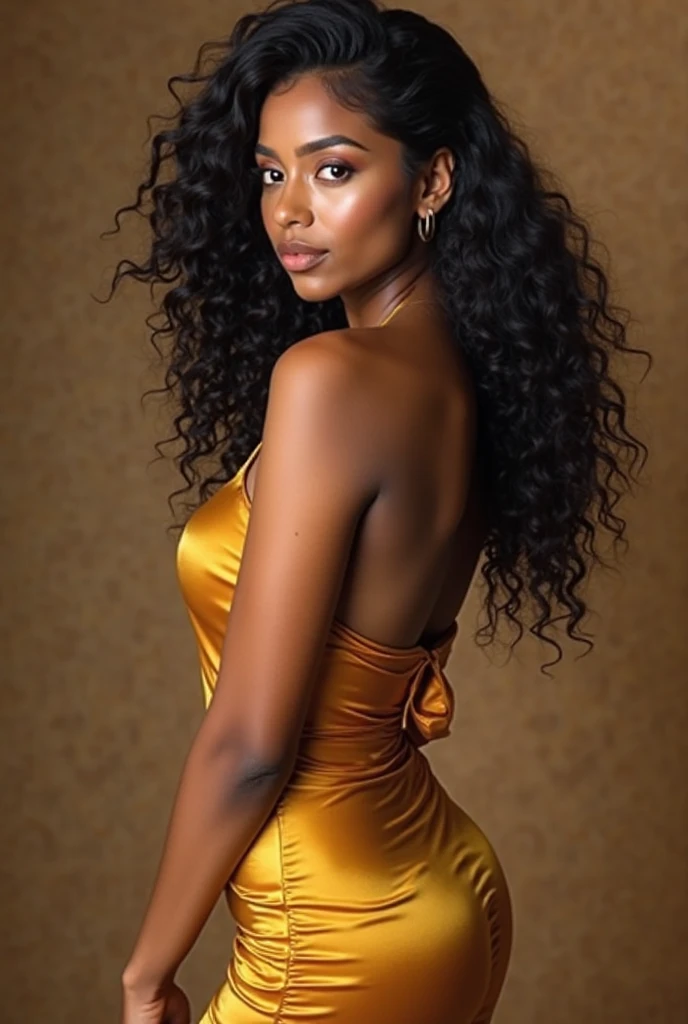 ((best quality)), ((masterpiece)), (detailed), 8k resolution, 1girl, stunning beauty, model, perfect face, long black flowing beautiful hair down to her butt, extra long flowing hair, ebony, mature african american female, 35yo, ultra sexy, a slender body, flowing silky satin gown, curvy body, voluptuous, (A hyper-realistic), (high resolution), (highly detailed), (beautiful detailed eyes), (ultra-detailed), (Natural smile), detailed face, bright lighting, professional lighting, facing forward