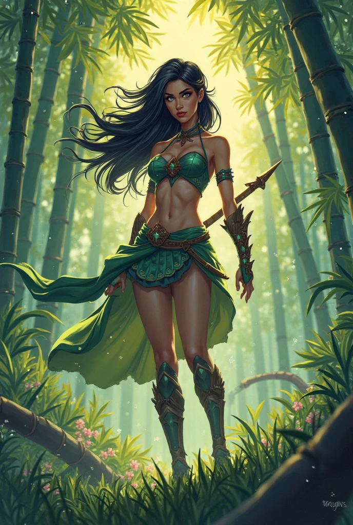 A detailed anime depiction of a female Amazon Warrior Axa. Cascading tousled step cut hair. She's bold, strong and beautiful. She is with an Amazon Male standing near a waterfall.