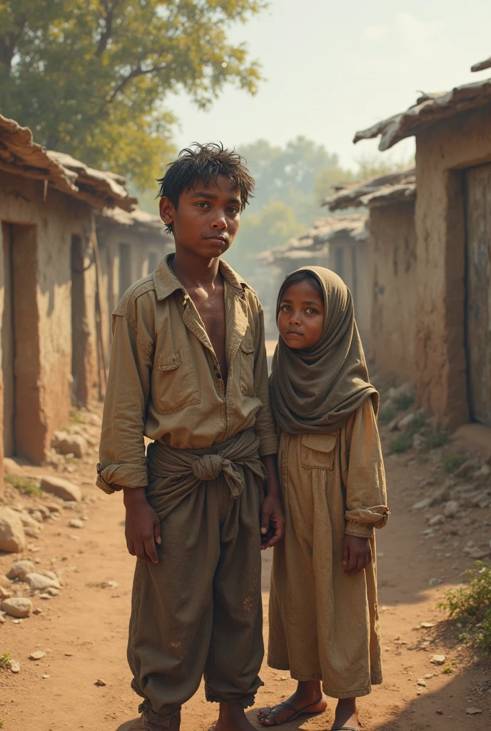 Show a young boy named Ravi, dressed in worn-out clothes, going to work alongside his mother. They are in a modest, everyday setting, carrying tools or items related to their work. The scene should reflect their poverty yet also their determination and bond as they navigate their daily tasks together