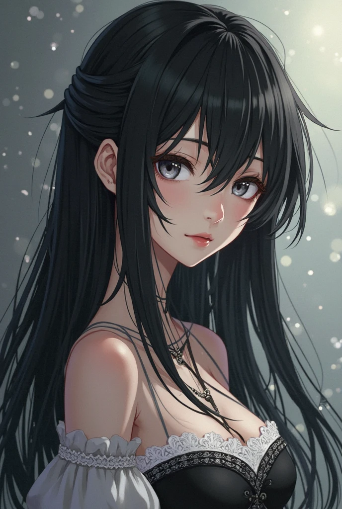 Mature Girl with long black hair with silver highlight, dark onyx eyes,tall rectangular body figure,bikini closeshot