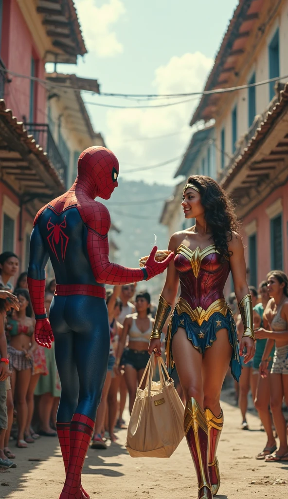 downtown city overgrown with large vines, moving through the streets, vines wrapping the cars and skyscrapper buildings, people walking normal, spider man hanging from building, sunny day, couple dance in middle of street.