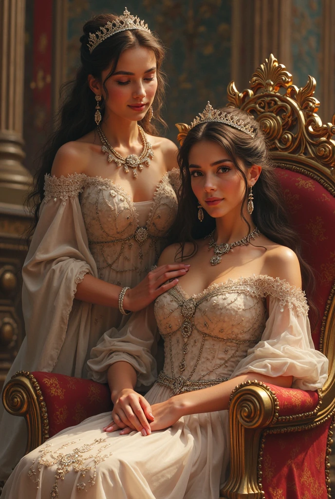 This is a realistic fantasy artwork set in the castle's enchanted rose garden. Generate a proud woman with a highly detailed face dressed in the folds of a stunning French silk ball gown. The woman's sweet face is ((((altamente detalhado, with realistic and smooth features, puffy lips.)))) The ball gown is embellished with ruffles, Faixas, e arcos e um, mas intrinsecamente, Hand-embroidered bodice. O espartilho apresenta fita de seda. The woman's stunning eyes are beautifully detailed, with realistic shading and multiple colors and high resolution. The woman is in a garden of eternal roses, cada um lindamente formado e altamente detalhado. Estas rosas realistas apresentam tons cintilantes de rosa, amarelo, laranja, e vermelho cintilante. The eternal rose is a deep shade of red with sparkling pink tones and tones. Garantir que o rosto da mulher, Hair, and the eyes are perfect. realismo, alta fantasia, fantasia caprichosa, storybook fantasy, fantasia de conto de fadas, Detalhes da fantasia, Encantadora, Encantadora, 8k, Contrata, .cgi, pintura digital, unidade, Motor irreal, (((master part))), intrincado, elegante, altamente detalhado, majestoso, fotografia digital, Arte de Artgerm e Ruan Jia e Greg Rutkowski, (master part, belos olhos finamente detalhados: 1.2), HDR, textura de pele realista, (((1Mulher))), (((sozinho))), Inclua um rosto altamente detalhado, Rosto extremamente detalhado, e fundo interessante.