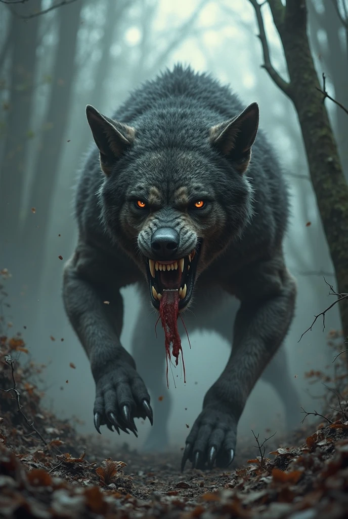 Brazil, 70s, night, a terrible and ferocious werewolf with sharp claws and large fangs, red eyes, running on a dirt road, in the forest. Cinema scene, realistic photo, 8k.