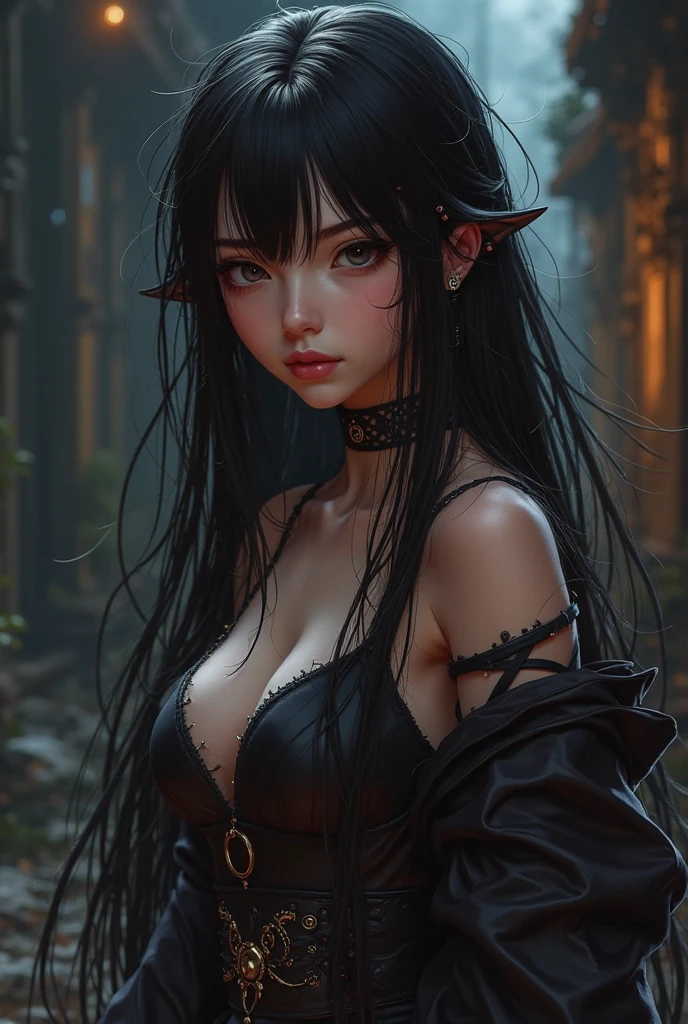 Cute Girl, cowboy shot,(dark atmosphere,Goethe fashion,bright colors),(best quality,Super exquisite,),Sexy goth elf girl,rose garden at night,beautiful and delicate eyes,Blue tip black straight ponytail,Crow feathers,red lipstick,mysterious smile,Pale complexion,fishnet stockings,black lace dress,Pointed-toe boots,mysterious aura,The moonlight reflects her elegant silhouette,Soft shadows and soft highlights,Contrasting colors create a vibrant atmosphere,Dark and moody color palette,Subtle yet dramatic lighting effects,Sublime darkness intertwined with exquisite moonlight