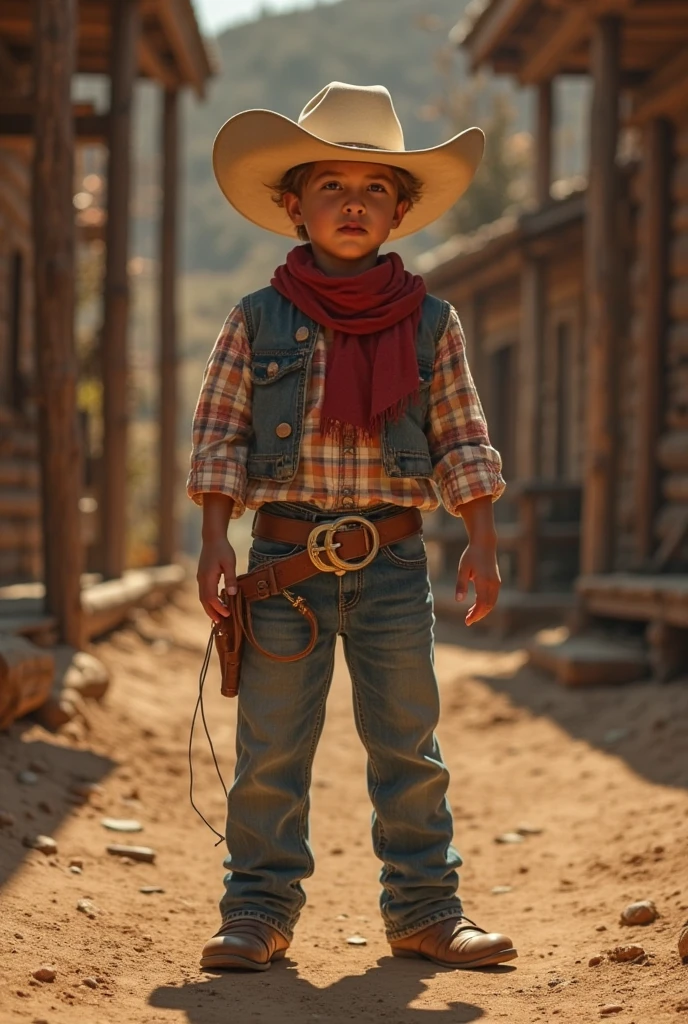 A chubby, 8-year-old Latino boy face, tanned skin, wearing cowboy clothes, cowboy hat, belt with cowboy buckles and a knife tied around his waist, an orange-haired dog in the background on a farm, ultra-realistic details, 4k