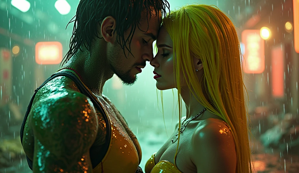 Britney and a partner standing close together under a neon sign. Their silhouettes are almost touching, with their hands and fingers creating electric sparks as they reach for each other.