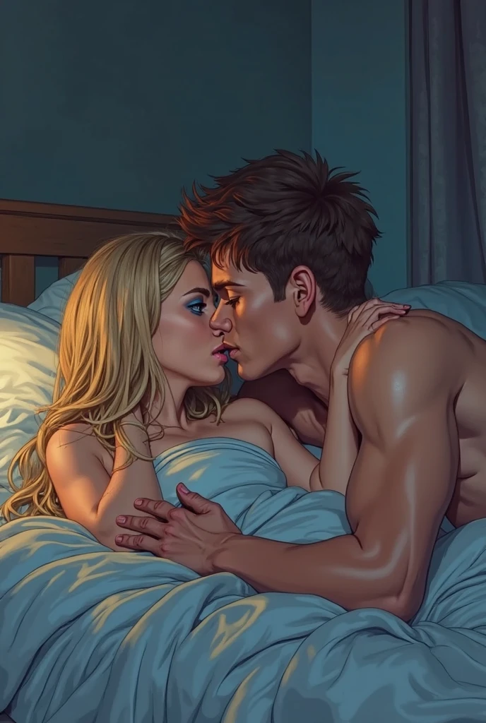 top view, bedroom with blue bed, room, dark atmosphere, (high-tech design), night, blue wall,  
a man lies near with a girl in a bed,

 ((man) Adult Italian Mesomorph Muscular body perfect Olive skin short Muscular neck Rectangle faces broad Muscular shoulders Attached Cupped Ears, (man Low Forehead black short combed back hair) Fleshy nose Bold Tapered black Eyebrows High Angular Prominent Cheekbones Heart-Shaped Cheeks triangular Chin Angular jawline closed eyes Thin nude Lips Designer Stubble black whiskers triangular black hair beard,) 
((girl) adult [Nordic], Hourglass body perfect Olive skin Oval Face Long neck Rounded shoulders Attached Pointed ears round forehead, (girl Short blonde Waves pixie hair) snub nose Arched eyebrows closed Eyes High Round Narrow cheekbones Dimpled Cheeks Rounded Chin Rounded Jawline Fine Puppet Wrinkles Full nude Lips Nude Makeup Look long eyelashes,)
graphic style of novel comics, 2d, 8k, hyperrealism, masterpiece, high resolution, best quality, ultra-detailed, super realistic, Hyperrealistic art, high-quality, ultra high res, highest detailed, lot of details, Extremely high-resolution details, incredibly lifelike, colourful, soft cinematic light,