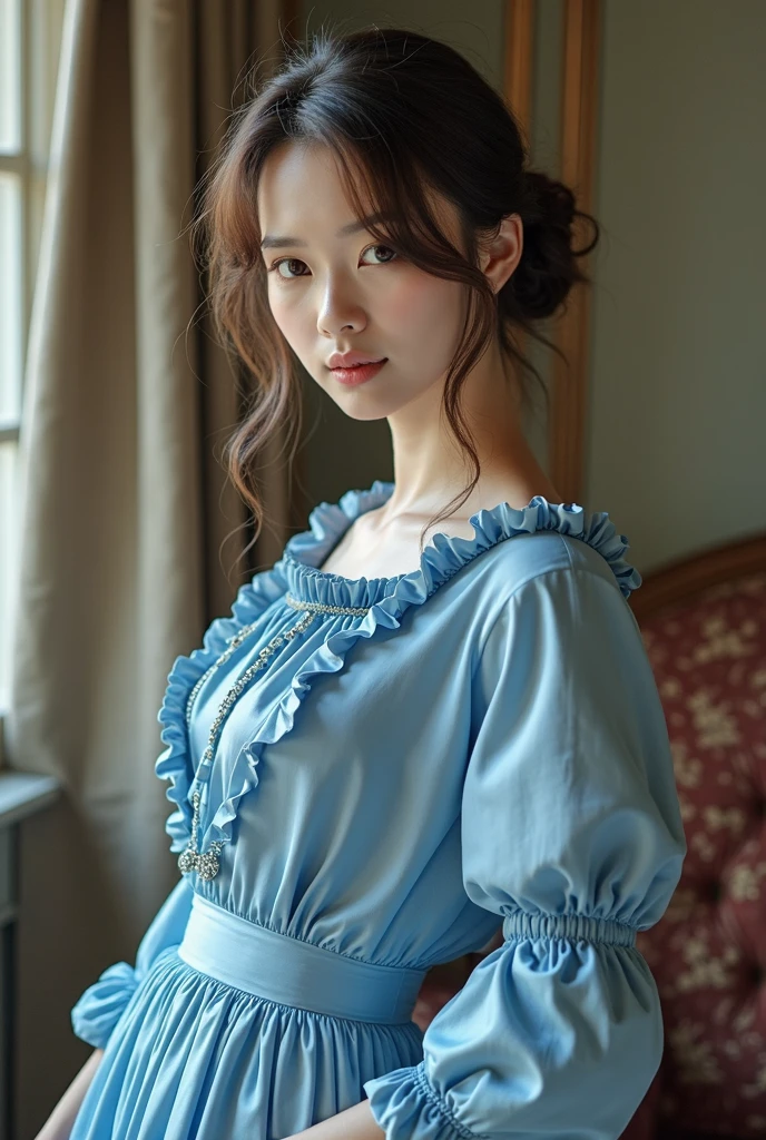 ((Best Quality)), ((Masterpiece)), (detailed), Melancholy Portrait of a Messy Young Woman, (Asymmetry: 1.2), sitting on a bed in a dim and cluttered room. The subject exudes a feeling of frustration and exhaustion, and her (tattered: 1.2) clothes and (haggard: 1.2) appearance emphasize her sense of despair. The photo was taken from a medium distance, and (low-key: 1.3) the lighting creates a gloomy and introspective atmosphere. The art style is inspired by (Dutch Masters: 1.3) technique, careful attention (subtle contrasts: 1.2) and (delicate textures: 1.2) to convey the complex emotions of the subject. She held a drink in her hand, adding a sense of vulnerability and vulnerability to the scene. Despite her disheveled appearance, her face is still (delicate beauty: 1.3), with delicate facial features and a quiet sense of dignity, full body photo, sitting on the bed,