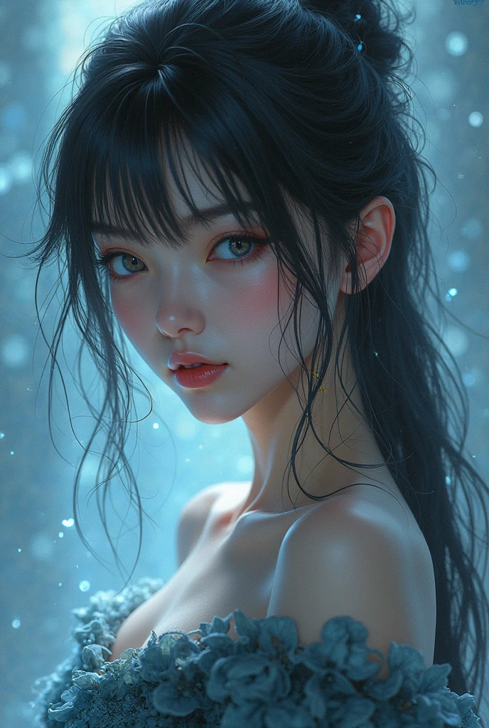 (best quality)), ((masterpiece)),((ultra-detailed)), extremely detailed CG, (illustration),((detailed light)), (an extremely delicate and beautiful), 1girl,(((solo))), ((cowboy shot)), ((cute face)),(beautiful detailed eyes),shiny hair, colored inner hair,adorns,depth of field, caustics,lens flare,bokeh, crystal,((floating hair)), ((chromatic aberration)), ((caustic)),((disheveled hair)),watercolor_(medium),detailed background,fluttered detailed splashs, beautiful detailed sky,(((by wadim kashin))),(((ray tracing))),petite,good lighting,tanktop,((looking at you)),focus on face,((water droplets on face)),flowing hair,glossy hair,hair is water,(((super detailed skin))),detailed,unamused,good lighting,glass tint,zoom in on eyes,((reflective eyes)),((hair dripping)),water eyes,