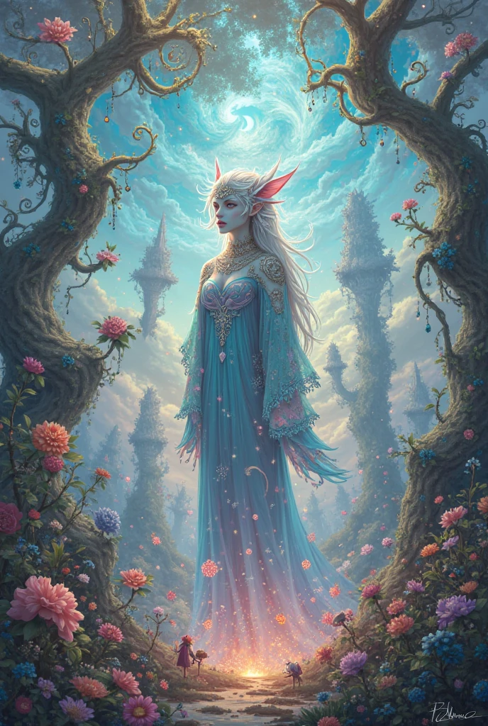 (Ultra-detailed face, looking away, Fantasy Illustration with Gothic, Ukiyo-e, Comic Art, Rich colors, Starry Sky), 
BREAK 
(A female dark elf bard dances and jumps in daring poses, holding a harp and playing it as she twirls around and around on the hilltop.), 
BREAK 
(Here, on a grass-covered hill in the middle of the night in early summer, under a starry sky with the Milky Way twinkling, many elves are hopping, dancing, and singing around the bard.), 
BREAK 
(Elves: A young-aged female dark elf bard has long, messy silver hair, blunt bangs, dark purple skin, and lavender eyes.), 
BREAK 
(Elves: A dark elf female bard wears a floral crown, a sapphire silk cape dress with lace and embroidery, and red sandals.)