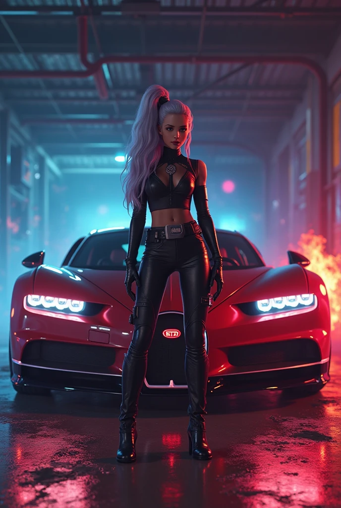 A girl posing in front of a neon-lit sports car. They are wearing bright, colorful outfits with a futuristic, cyberpunk aesthetic. The overall mood is playful and energetic. Silver boots, blonde wolfcut emak hair, jean Paul Gaultier, clut studio, the themed color is black and red maroon