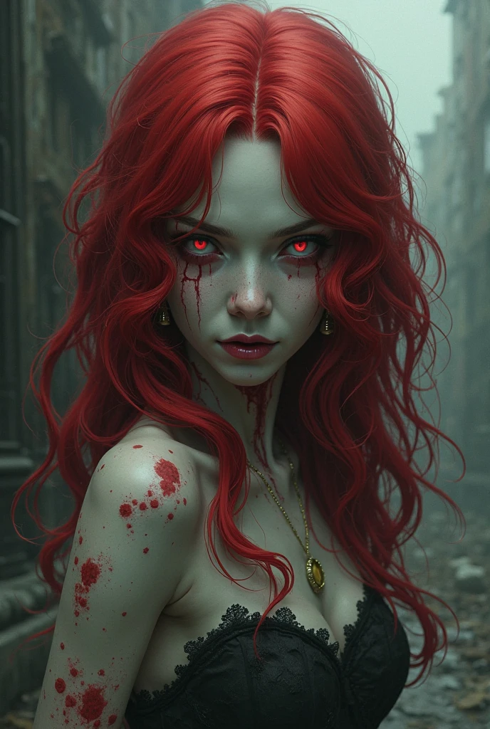 Fille gothique aux yeux rouges et aux cornes dans une robe blanche, avec des yeux rouges brillants, sanglant + Art conceptuel, avec des yeux rouges brillants, artwork in the style of guweiz, deviantart artstation cgscosiety, yeux rouges brillants, inspired by WLOP, Strange art style, bloodied eyes, yeux rouges brillants, Art fantastique et horreur, yeux rouges, Rouge - Yeux