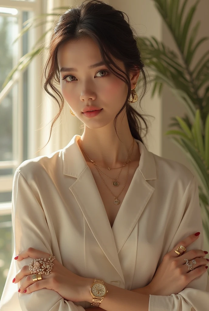 masterpiece,best quality, (one lady), ((portrait:1.5)), makeup, elegant beige shirt, lewd, erotic, touch own chest, ((seduction expression)), ,background black