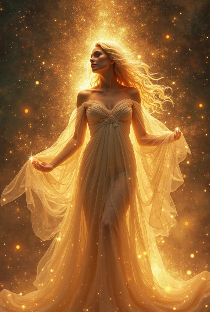 Leo, a female goddess, emits a golden light (divine radiance) all over her body. She is a female god of war, a beautiful and seductive goddess, and a golden galaxy,4K