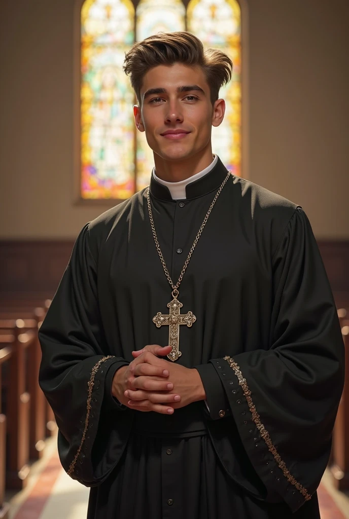 <lora:Michael_West_GV:1> 1boy, bright blue eyes, short black  hair,  dressed like a roman catholic priest, standing in church, stained glass windows