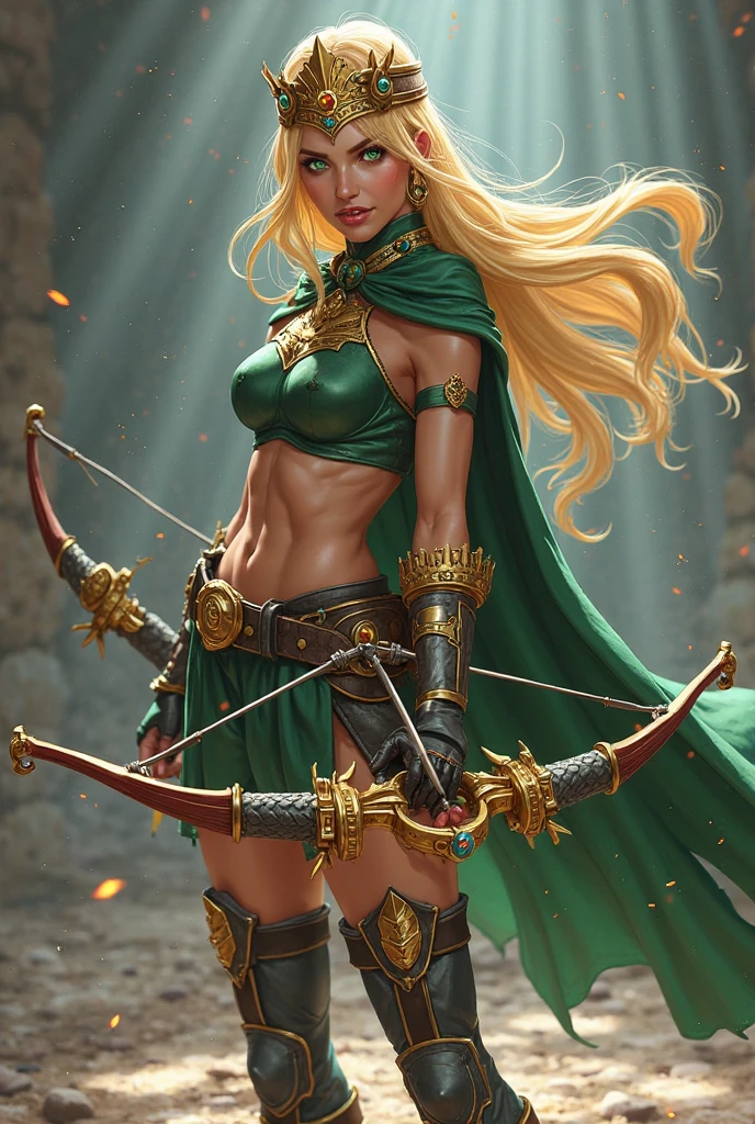 Cammy, wearing her signature green bikini, princess tiara, and light cape, holds two daggers as she faces off against an army of orcs on an ancient stone bridge. The scene is chaotic and action-packed, with explosions and debris flying through the air, lightning flashing across the sky, and Cammy in the midst of fierce combat. The style is highly detailed and realistic, with accurate textures and meticulous attention to detail making the image look almost like a photograph.