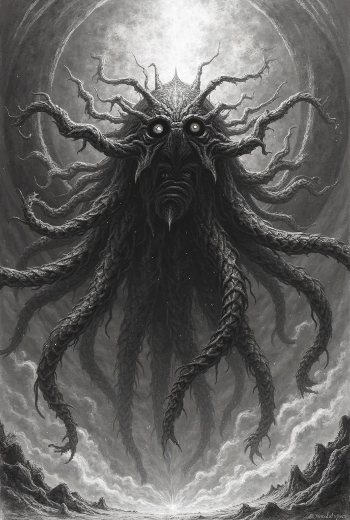 (Masterpiece),(highly accurate drawing in every detail),(extremely precise representation)(cinematic)A transcendent and breathtaking image of Cthulhu, an ancient and mysterious deity from the pages of the Necronomicon, standing majestically with outstretched wings in front of a plain black monolith. Draped in resplendent seeweed that exudes a sense of antiquity and opulence, this enchanting and spellbinding image captures the captivating allure of Cthulhu, showcasing the awe-inspiring might and splendor of this ethereal entity. The artwork is rendered with meticulous linework, evoking the essence of the comic-inspired theme in a black and grey monochromatic scale. Exceptional quality, 8K ultra-high-resolution, hyper-realism, ethereal dream-like environment, otherworldly, intricate details, elongated limbs, extraordinary hair, alien allure, ethereal radiance, lifelike shading, theatrical lighting, legendary figure, enigmatic presence, dreamlike atmosphere