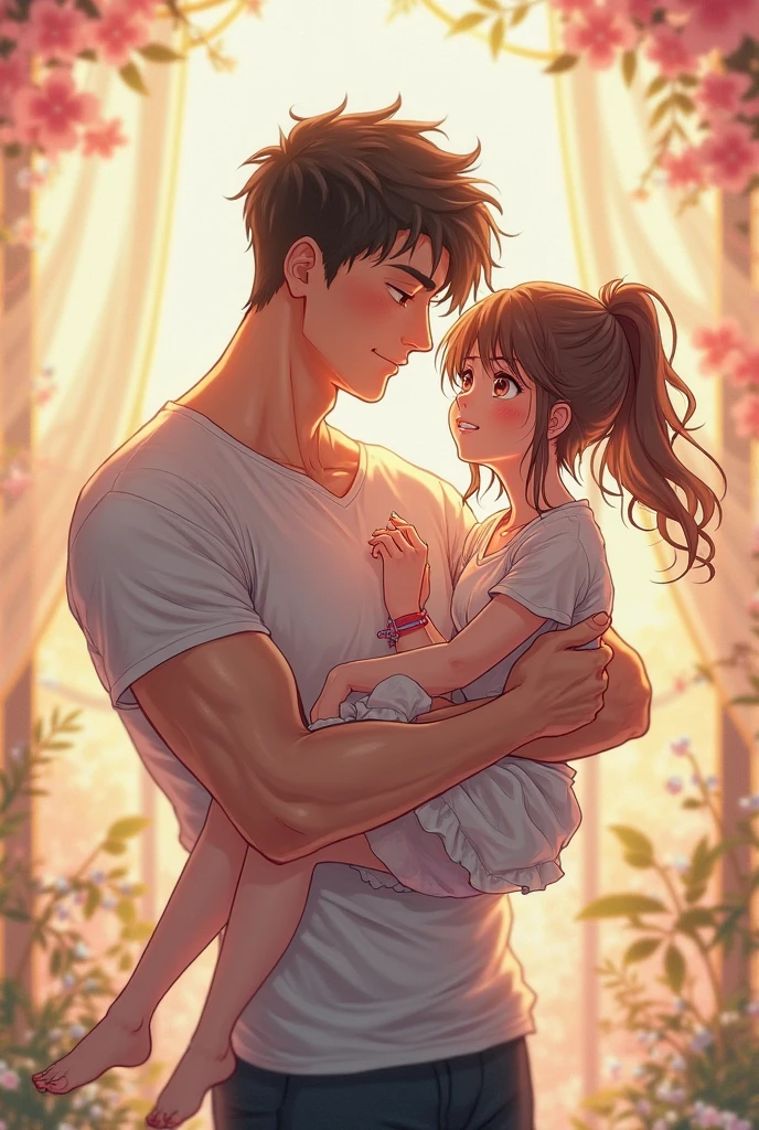 (anime) a small girl mirror selfie with her tall muscullar boyfriend